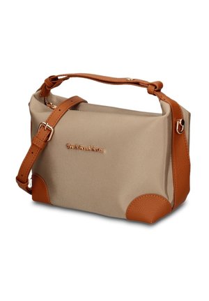 Borsa beige rettangolare con dettagli in pelle marrone, tracolla regolabile e logo dorato sul davanti.