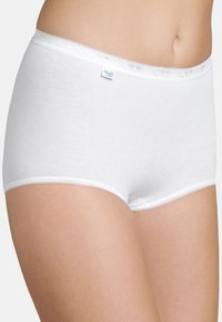 White cotton underwear with a smooth texture, featuring a lace trim at the waistband and a small brand tag on the front side.