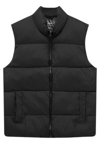 Czarna kamizelka puchowa z wysokim kołnierzem, zapięciem na zamek z przodu i dwoma bocznymi kieszeniami. Posiada pikowaną konstrukcję oraz gładką teksturę.