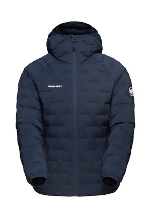 Doudoune bleu marine avec capuche, design matelassé, poignets élastiques, fermeture éclair sur le devant et logo sur la poitrine gauche.