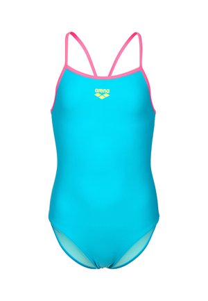 Maillot de bain une pièce bleu vif avec fines bretelles roses et logo jaune "arena" sur la poitrine, présenté sur fond blanc.