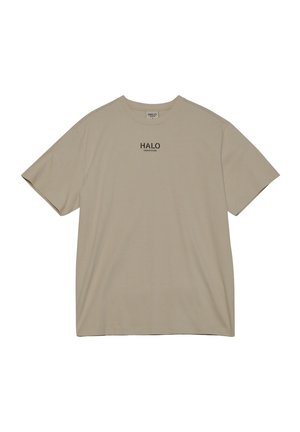 Beige short-sleeve t-shirt made of soft fabric. Features black "HALO" logo printed on the chest, with a relaxed fit and crew neckline.