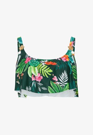 Grünes Bikinioberteil mit tropischem Blumenmuster und goldenen Blumenverzierungen an den Trägern.