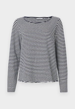 T-shirt à manches longues rayé bleu marine et blanc, avec un col rond et une coupe décontractée. Confectionné en tissu léger et texturé.