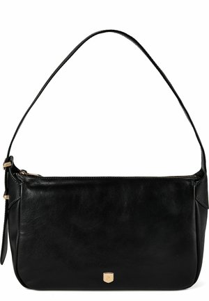 Borsa a tracolla in pelle nera con una singola tracolla, chiusura con cerniera e piccolo emblema dorato in basso al centro.