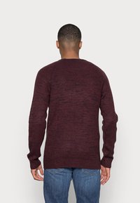 Burgundyröd stickad tröja med ett texturerat mönster, rund halsringning och långa ärmar, i kombination med blå jeans. Bakvy visas.