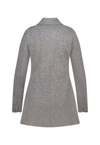 Grijze wollen lange mouwen jas met een kraag, knoopmanchetten en een iets uitlopende bodem, gezien vanaf de achterkant.