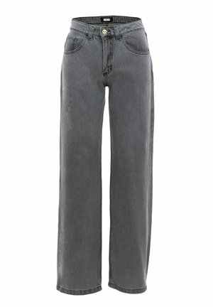 Graue weite Jeans aus Denim mit Reißverschluss, Fronttaschen und einem leicht verwaschenen Finish. Gerader Schnitt mit gestickten Details.