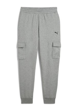 Pantaloni de trening gri deschis, din material moale, cu un talie ajustabilă cu șnur, două buzunare laterale cargo și un mic logo negru pe coapsă.