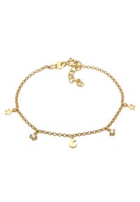 Goldene Kettenarmband mit Stern- und Mondanhängern, verziert mit einem Kristalldetail. Verfügt über einen Karabinerverschluss und verstellbare Glieder.