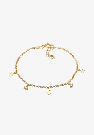 Goldene Kettenarmband mit Stern- und Mondanhängern, verziert mit einem Kristalldetail. Verfügt über einen Karabinerverschluss und verstellbare Glieder.