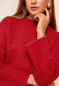Roter gestrickter Pullover mit einem strukturierten Blasenmuster, gerippten Bündchen und Rundhalsausschnitt; zeichnet sich durch weiches Material mit leichtem Glanz aus.