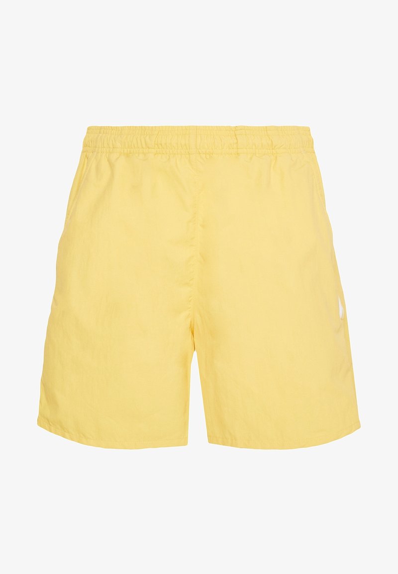 Yellow swim shorts made of lightweight fabric, featuring an elastic waistband and a small white logo on the left side.