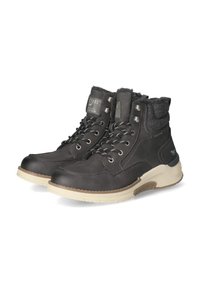 Dunkelgraue Leder-Stiefeletten mit einem flauschigen grauen Kragen, schwarzen Schnürsenkeln und beigen Gummisohlen. Mit Metallösen und Logo-Akzenten.