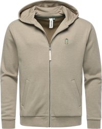 Beige zip-up hoodie with hood, two front pockets, ribbed cuffs and hem, and small embroidered green bottle with orange details on left chest.