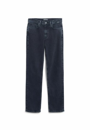 Dark blue denim jeans with a straight-leg design, five pockets, and subtle faded detailing on the thighs and hem.