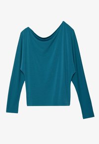 Cilvēkailgā, teal krāsas, garām piedurknēm topiņš ar drapētu dekoltē, izgatavots no mīkstas auduma. Tam ir plašas, brīvi krītošas piedurknes un brīvs piegriezums.