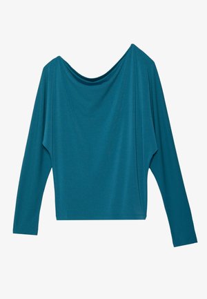 Haut à manches longues teal avec un col drapé, fabriqué à partir d'un tissu doux. Doté de manches larges et décontractées ainsi que d'une coupe ample.