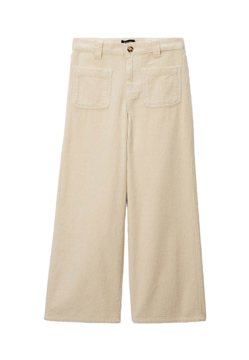 Pantalons en velours côtelé beige à jambes larges avec texture à côtes verticales, deux poches arrière et une fermeture à bouton à la taille.