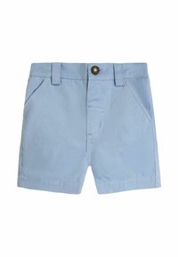 Lysblå bomuldsshorts med knaplukning, to sidelommer og en enkelt baglomme; glat tekstur og afslappet design.