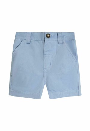 Lichtblauwe katoenen shorts met een knoopsluiting, twee zijzakken en een enkele achterzak; gladde textuur en casual ontwerp.