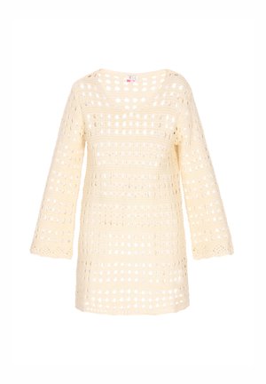Haken tuniek in lichtcrème, met een opengewerkt patroon en klokmouwen. Gemaakt van zacht materiaal, heeft het een ronde halslijn en een vrijetijdscasual pasvorm.