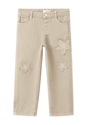 Jeans beige in cotone con taglio dritto, caratterizzati da dettagli di ricamo floreale sulla parte anteriore inferiore. Design a cinque tasche con chiusura frontale a bottone.