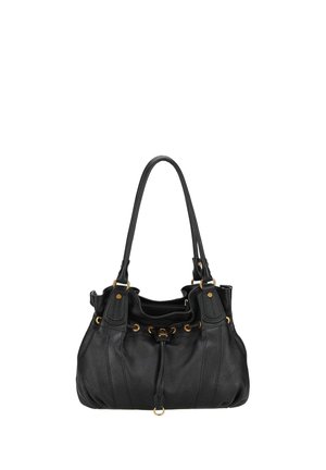 Sac à main en cuir noir avec doubles anses épaules, œillets dorés et un détail à cordon à l'avant.