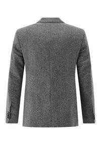 Gray wool blazer with a notch lapel, single back vent, and three-button cuff detail. Smooth texture with a tailored fit.