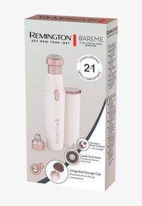Remington Bareme 2-in-1 gezichtsbeharing verwijderaar. Witte behuizing met roségouden accenten. Inclusief precisie wenkbrauwsculptor en geïntegreerde opbergdeksel.