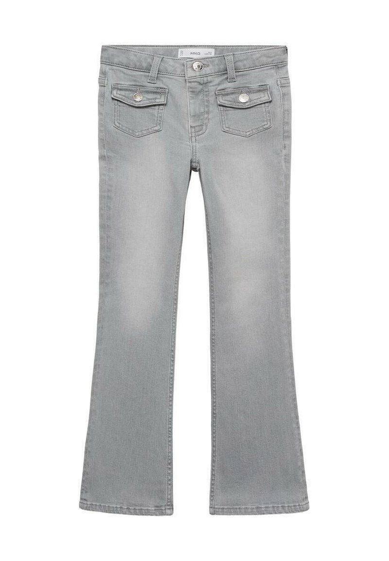 Sive jeans s flared krojem z zmerno višino pasu, petimi žepi in srebrnim okovjem. Gladka tekstura z rahlimi odstranjevanji.