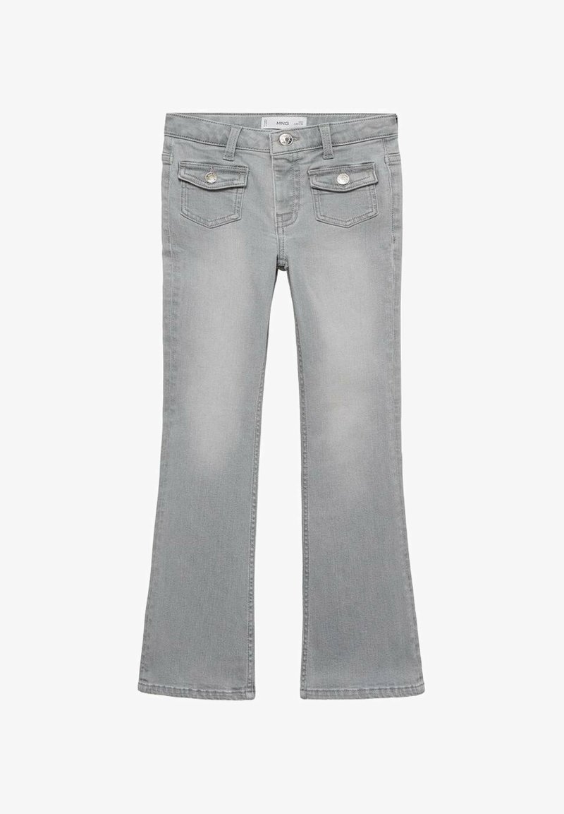 Sive jeans s flared krojem z zmerno višino pasu, petimi žepi in srebrnim okovjem. Gladka tekstura z rahlimi odstranjevanji.