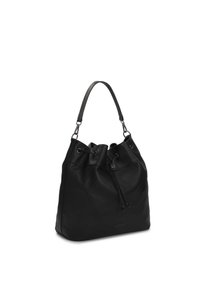 Black leather bucket bag with a drawstring closure, textured surface, and a single shoulder strap. Features logo detail at the front.