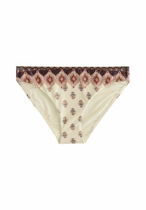 Crème bikinibroek met een bloemenpatroon. Voorzien van een contrasterende donkerbruine tailleband en ingewikkelde ontwerpen langs de randen en overal doorheen.