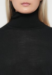 Pull en col roulé noir en tissu tricoté, avec un col haut, une coupe slim et une texture lisse. Aucun motif visible ni détail en métal.