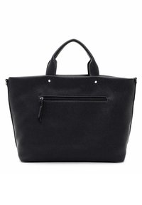 Sac fourre-tout en cuir noir avec texture, doubles poignées supérieures et poche zippée à l'avant. Accents matériels minimalistes.