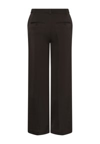 Pantalon noir à jambes larges avec passants de ceinture et deux poches arrière boutonnées, vu de dos sur fond blanc.