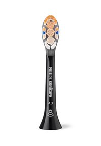 Zwarte Philips Sonicare A3 tandenborstelkop met een gebogen ontwerp, met een patroon van oranje, beige, witte en blauwe borstels en logo-details.
