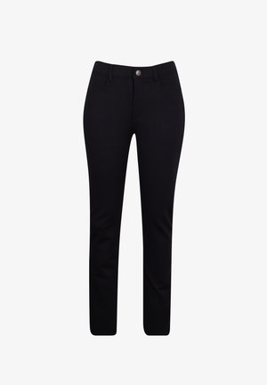 Schwarze Hose mit schmaler Passform, aus weichlichem Stoff. Verfügt über einen Knopfverschluss, Gürtelschlaufen und Einschubtaschen. Sauberes Design und einheitliche Farbe.