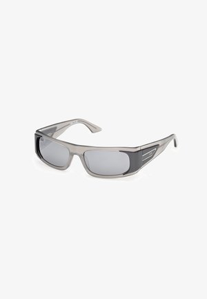 Rectangular smoky gray sunglasses with black accents on the temples and dark tinted lenses, angled on white background.