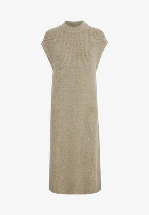 Strikket kjole i lys beige med høj hals, korte ærmer og lodret ribbet tekstur. A-formet silhuet, knælængde. Enkel design.