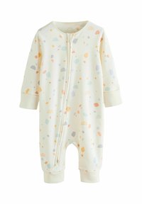 Kremowy śpioszek z zamkiem błyskawicznym z przodu. Ozdobiony kolorowymi abstrakcyjnymi kształtami i wzorami w pastelowym pomarańczowym, niebieskim i żółtym kolorze. Miękka tkanina.