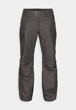 Pantalons isolés gris foncé en matériau imperméable avec une coupe droite, dotés de deux poches avant et d'une poche zippée sur le côté.