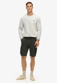 Sweatshirt léger gris à col rond avec logo, shorts cargo verts avec poches latérales, et baskets beiges avec lacets texturés et chaussettes.