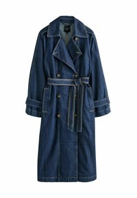 Trench coat largo de denim azul marino con amplias solapas, botones de doble fila, cintura ceñida con cinturón y correas en los puños.