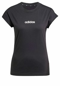 Black Adidas t-shirt with short rolled sleeves, round neckline, and white logo print on the front. Made from soft, smooth fabric.