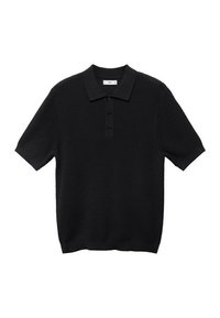 Polo noir à manches courtes avec un motif tricoté texturé, un col uni et trois boutons noirs sur la patte de boutonnage.