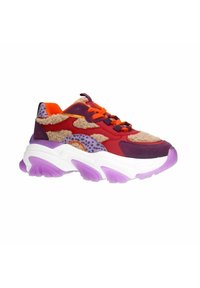 Colorful sneakers featuring a mix of red, purple, and orange materials. Textured fabric, fur-like accents, and a chunky white-purple sole.