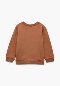 Brązowy sweter z okrągłym dekoltem, długimi rękawami, ściągaczami u rękawów i u dołu. Wykonany z miękkiego materiału o gładkiej fakturze.