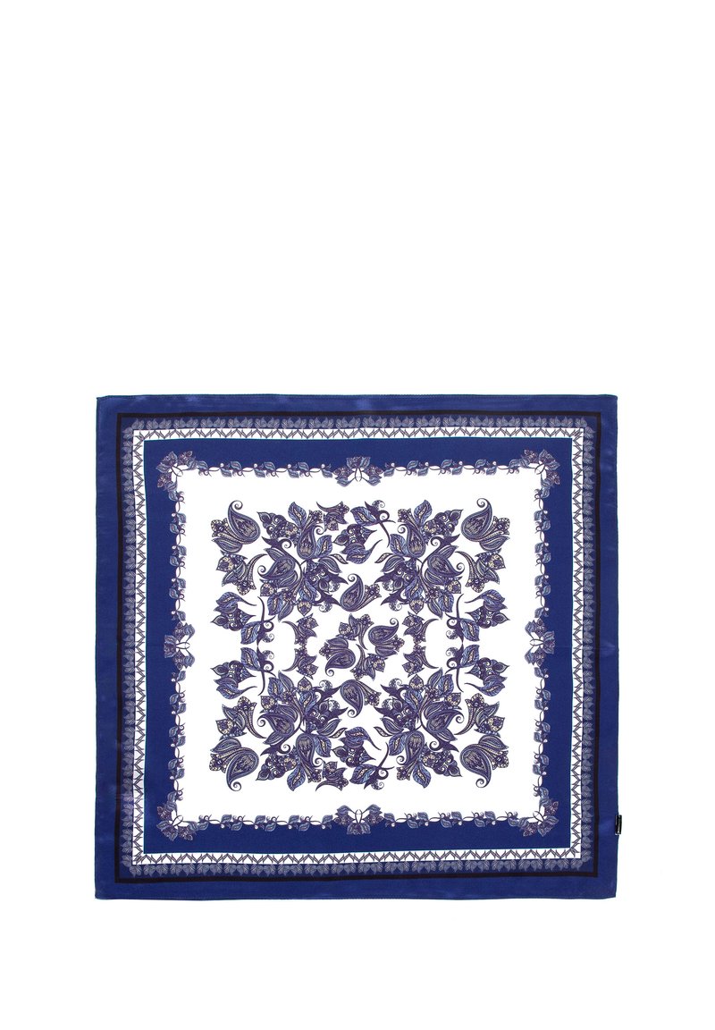 Zijde sjaal met een delicate blauw-witte bloemenprint, omrand door donkerblauwe randen. Gestructureerde afwerking, vierkant ontwerp.
